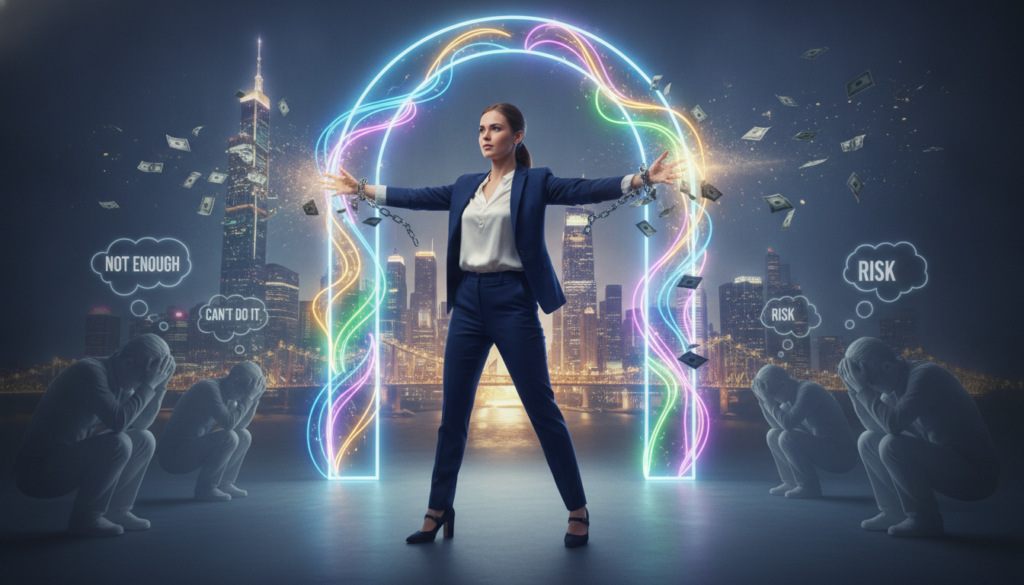 A vibrant and dynamic scene illustrating the concept of "money mindset and limiting beliefs." In the foreground, a young adult woman of Caucasian descent dressed in professional business attire, confidently breaking free from chains made of crumpled dollar bills. She stands against a luminous neon background filled with abstract, dreamlike shapes symbolizing freedom and abundance. In the middle ground, faded silhouettes of people hunched over with worry and doubt can be seen, representing limiting beliefs. The background features a bright, ethereal glow that transforms into a lavish cityscape, representing financial success and opportunities. The lighting is soft and mystical, with a focus on contrasting neon colors that energize the atmosphere, creating a sense of empowerment and liberation.