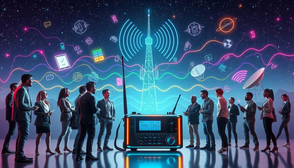 A vibrant and dynamic scene showcasing the common uses of high frequency band radio. In the foreground, a diverse group of professionals in smart casual attire are engaged in a lively discussion around a high-tech radio device with neon accents. The middle ground features a radio tower emitting waves, symbolizing communication, while various frequencies are illustrated as colorful, wavy lines connecting to smartphones, walkie-talkies, and satellite dishes. The background is a night sky filled with a mesmerizing array of stars and vivid neon colors, creating a dreamy atmosphere. The scene is well-lit with soft, ambient lighting that highlights the technology while casting gentle shadows. The overall mood is energetic and futuristic, reflecting the innovative nature of high frequency radio. A vibrant and dynamic scene showcasing the common uses of high frequency band radio. In the foreground, a diverse group of professionals in smart casual attire are engaged in a lively discussion around a high-tech radio device with neon accents. The middle ground features a radio tower emitting waves, symbolizing communication, while various frequencies are illustrated as colorful, wavy lines connecting to smartphones, walkie-talkies, and satellite dishes. The background is a night sky filled with a mesmerizing array of stars and vivid neon colors, creating a dreamy atmosphere. The scene is well-lit with soft, ambient lighting that highlights the technology while casting gentle shadows. The overall mood is energetic and futuristic, reflecting the innovative nature of high frequency radio.