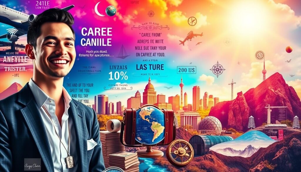 A vibrant and dynamic vision board depicting themes of career, money, and adventure. In the foreground, an aesthetically pleasing arrangement of images includes a professional in business attire smiling, stacks of currency, a globe symbolizing travel, and adventurous landscapes. The middle layer features a collage of inspirational quotes and symbols like a briefcase, a compass, and city skylines. The background showcases a dreamy, abstract landscape filled with neon colors, blending elements of urban life and nature, casting a warm, motivational glow. The lighting is bright and uplifting, evoking a sense of ambition and hope. The composition should be eye-catching and inspiring, suitable for a high-end magazine advertisement aimed at adult Gen Z.