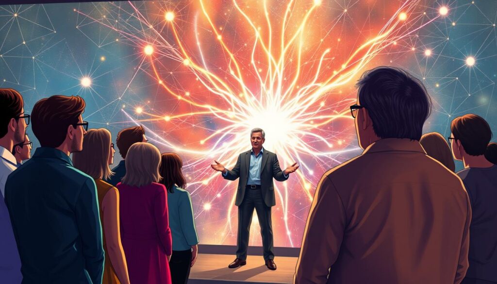 A vibrant and engaging scene illustrating Gregg Braden as he shares his storytelling approach from "The Divine Matrix." In the foreground, depict a diverse group of adults, dressed in modern professional attire, intently listening to Braden, who stands with an open, inviting posture. In the middle, include a glowing, flowing representation of interconnected energy or a cosmic field, symbolizing the divine matrix concept, with neon colors creating an ethereal atmosphere. The background should feature abstract patterns that suggest a sense of wonder and possibility, reminiscent of dreamcore aesthetics. Lighting should be soft yet dramatic, casting equal emphasis on Braden and the audience. Capture a sense of connection, inspiration, and curiosity in the overall mood.