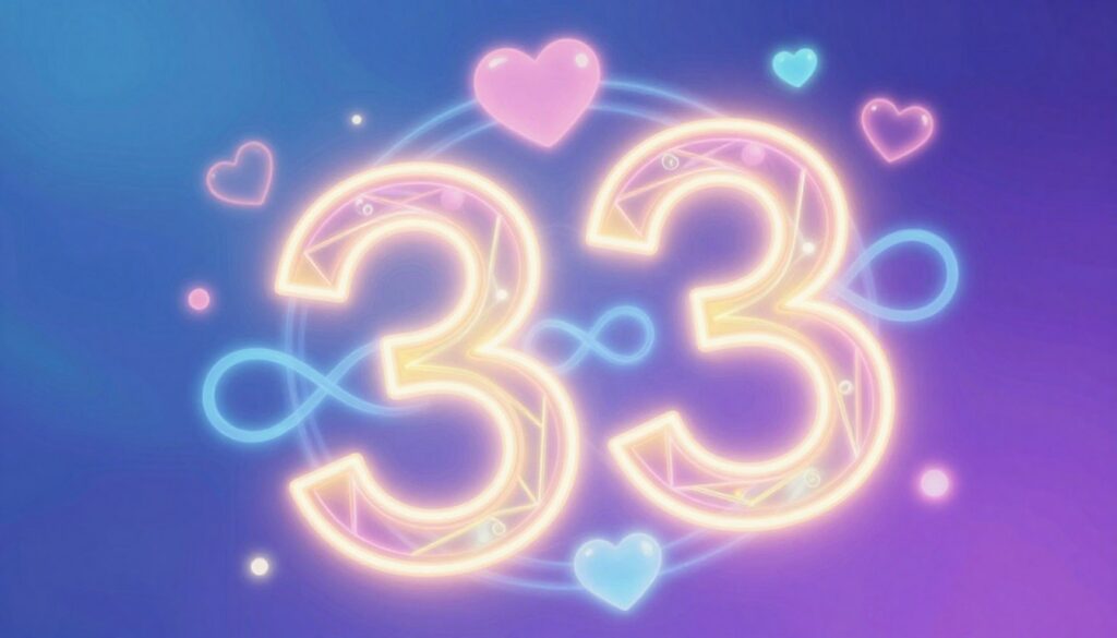 A vibrant and ethereal digital art piece representing the essence of Master Number 33 in numerology. In the foreground, a luminous geometric representation of the number 33, intricately designed with radiant neon colors, exuding warmth and unconditional love. In the middle ground, ethereal symbols like hearts and infinity loops intertwine with the number, reflecting spiritual depth and compassion. The background is a soft gradient of blue and purple hues, with gentle glowing orbs that create a dreamlike atmosphere. The lighting is soft and diffused, enhancing the mystical feel, while an angled perspective gives the composition depth. The mood is uplifting and inspiring, aimed at capturing the essence of this unique master number. A vibrant and ethereal digital art piece representing the essence of Master Number 33 in numerology. In the foreground, a luminous geometric representation of the number 33, intricately designed with radiant neon colors, exuding warmth and unconditional love. In the middle ground, ethereal symbols like hearts and infinity loops intertwine with the number, reflecting spiritual depth and compassion. The background is a soft gradient of blue and purple hues, with gentle glowing orbs that create a dreamlike atmosphere. The lighting is soft and diffused, enhancing the mystical feel, while an angled perspective gives the composition depth. The mood is uplifting and inspiring, aimed at capturing the essence of this unique master number.