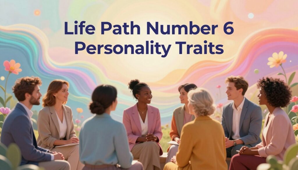 A vibrant and ethereal representation of "Life Path Number 6 Personality Traits" set in a dreamlike atmosphere. In the foreground, a diverse group of adults, dressed in stylish professional attire, engage in deep conversation, showcasing qualities like nurturing, harmony, and empathy. The middle ground features soft, flowing colors reminiscent of neon hues that symbolize balance and healing, blending seamlessly to create an inviting energy. In the background, abstract representations of nature—like gentle waves and blooming flowers—reflect stability and growth. The lighting is warm and luminous, enhancing the connectivity and vibrancy of the scene, with a slight bokeh effect to add depth. The overall mood is uplifting and harmonious, evoking a sense of interpersonal relationships and emotional well-being.