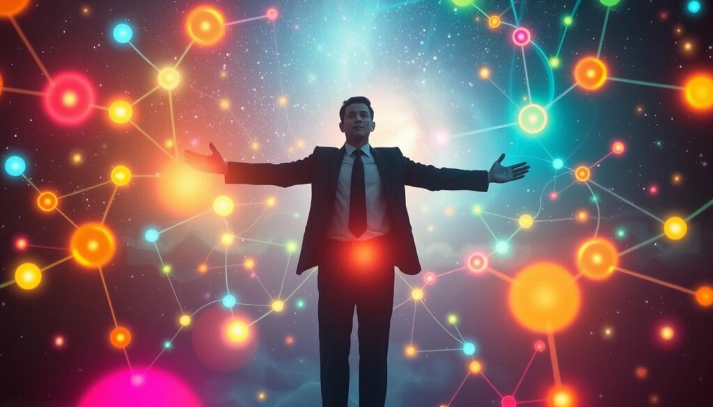 A vibrant and ethereal representation of emotions, thoughts, and beliefs intertwined within the divine matrix. In the foreground, glowing interconnected orbs of light in neon colors symbolize varying emotions, each radiating warmth and energy. The middle ground features a silhouetted figure wearing professional business attire, their arms outstretched, surrounded by swirling patterns of light that represent dynamic thoughts and beliefs. The background reveals a vast cosmic landscape filled with stars and a faint nebula, creating a sense of infinite possibility. Soft, ambient lighting enhances the dreamlike quality, with a focus on bright, contrasting colors that evoke a sense of wonder and connection. The atmosphere feels harmonious and uplifting, illustrating the power of the divine matrix in uniting consciousness.