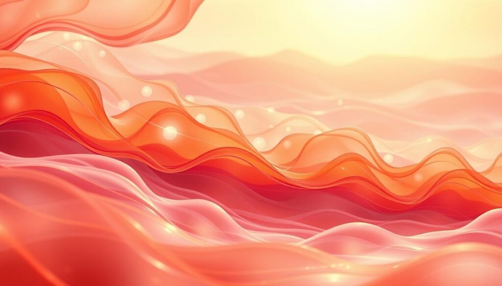 A vibrant and ethereal representation of sacral chakra energy, featuring abstract forms that convey fluidity and motion. In the foreground, soft waves of orange and deep coral colors flow gracefully, symbolizing creativity and passion. The middle ground presents vibrant energy patterns that resemble swirling water, interspersed with glowing orbs of light, reflecting emotional balance and attraction. The background displays a tranquil, dreamlike landscape with gentle shapes that suggest harmony, bathed in a warm, soft glow. The lighting is bright yet soothing, creating a harmonious atmosphere. Use a wide-angle lens to emphasize depth and dimension, with a focus that brings clarity to the dynamic energy at play. The overall mood is uplifting and inspiring, appealing to the modern, artistic sensibility of adult Gen Z. A vibrant and ethereal representation of sacral chakra energy, featuring abstract forms that convey fluidity and motion. In the foreground, soft waves of orange and deep coral colors flow gracefully, symbolizing creativity and passion. The middle ground presents vibrant energy patterns that resemble swirling water, interspersed with glowing orbs of light, reflecting emotional balance and attraction. The background displays a tranquil, dreamlike landscape with gentle shapes that suggest harmony, bathed in a warm, soft glow. The lighting is bright yet soothing, creating a harmonious atmosphere. Use a wide-angle lens to emphasize depth and dimension, with a focus that brings clarity to the dynamic energy at play. The overall mood is uplifting and inspiring, appealing to the modern, artistic sensibility of adult Gen Z.