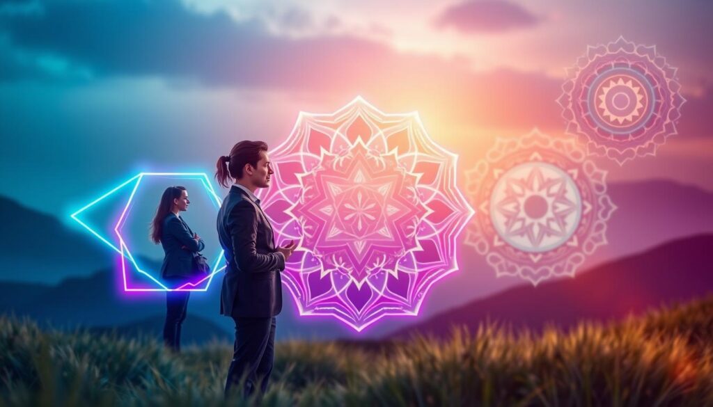 A vibrant and harmonious composition showcasing spiritual patterns intertwined with representations of intense relationships. In the foreground, abstract geometric shapes pulsate with neon colors, symbolizing interconnectedness, love, and struggles. Humans dressed in professional business attire appear subtly within these shapes, engaged in conversation and deep emotional exchanges, their expressions reflecting empathy and understanding. The middle ground features swirling mandalas and chakra symbols that radiate energy, creating an intimate atmosphere. In the background, a mystical landscape with soft gradients of blues and purples evokes a sense of calm and introspection. The lighting is ethereal, allowing soft glowing highlights to accentuate the patterns, while a slightly blurred effect captures the dreamlike essence of the scene. The overall mood is introspective and uplifting, reflecting the journey of overcoming challenges and embracing spiritual growth.