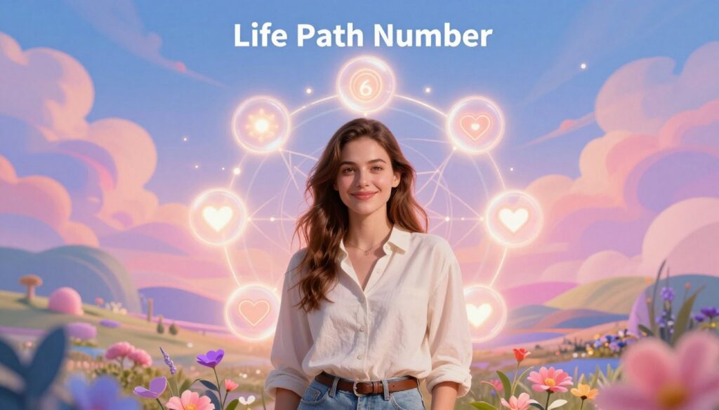 A vibrant and harmonious scene illustrating the meaning of Life Path Number 6 in numerology, set in a dreamy background infused with neon colors. In the foreground, a confident, young Caucasian woman in modest casual attire softly smiles, embodying warmth and caring, surrounded by symbols of love and harmony, such as hearts and gentle floral elements. The middle ground features ethereal light orbs and interconnected patterns that represent relationships and healing. The background showcases a calming abstract landscape, with flowing shapes and soft pastel hues blending seamlessly into deeper tones, creating a tranquil atmosphere. The composition is illuminated with soft, diffused lighting to evoke a sense of serenity and positivity, reminiscent of high-end magazine aesthetics, aimed at an adult Gen Z audience.