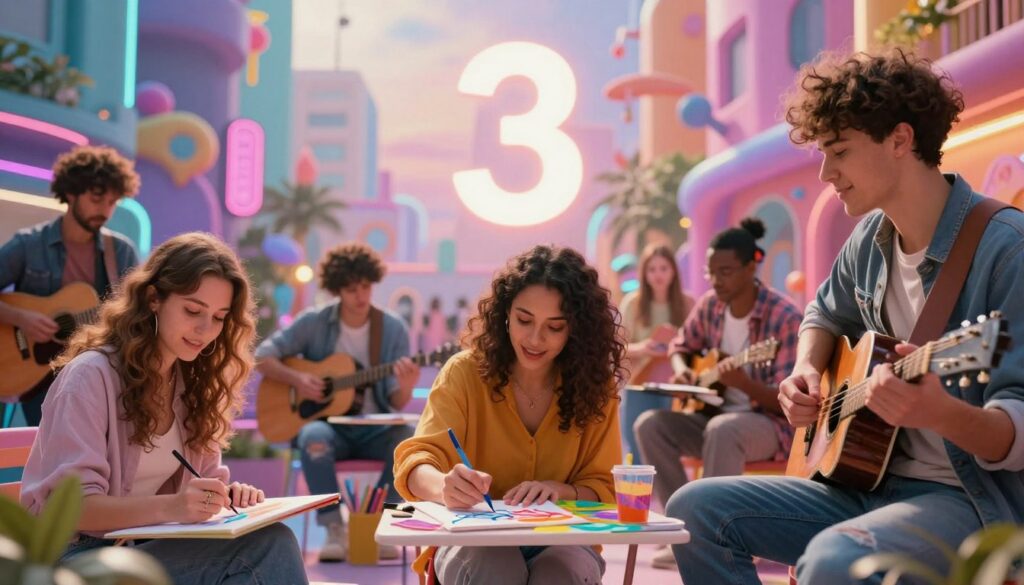 A vibrant and imaginative scene illustrating the creative strengths associated with Life Path Number 3. In the foreground, a diverse group of young adults, dressed in stylish casual clothing, actively engage in various artistic activities such as painting, writing, and music-making, their expressions full of inspiration and joy. The middle ground features a dynamic urban environment infused with dreamcore elements, blending neon colors and whimsical patterns that symbolize creativity and expression. In the background, soft, ethereal lighting casts a warm glow, enhancing the dreamlike atmosphere. The composition captures a sense of freedom and exploration, encouraging the viewer to feel the energy of creativity and collaboration, with a slight tilt angle that adds depth and perspective. A vibrant and imaginative scene illustrating the creative strengths associated with Life Path Number 3. In the foreground, a diverse group of young adults, dressed in stylish casual clothing, actively engage in various artistic activities such as painting, writing, and music-making, their expressions full of inspiration and joy. The middle ground features a dynamic urban environment infused with dreamcore elements, blending neon colors and whimsical patterns that symbolize creativity and expression. In the background, soft, ethereal lighting casts a warm glow, enhancing the dreamlike atmosphere. The composition captures a sense of freedom and exploration, encouraging the viewer to feel the energy of creativity and collaboration, with a slight tilt angle that adds depth and perspective.