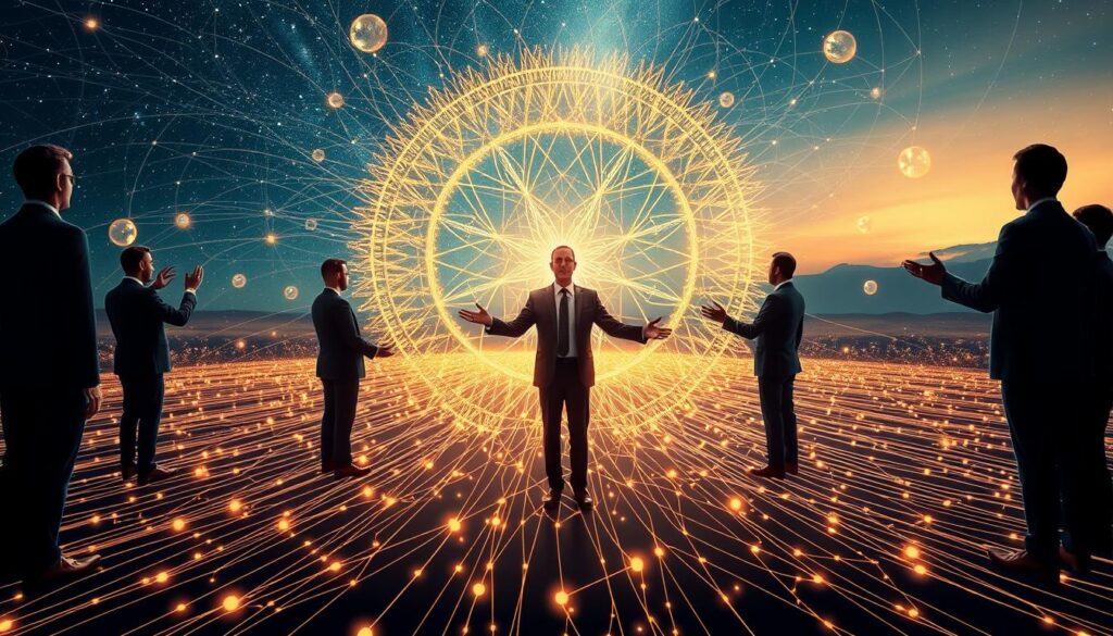 A vibrant and immersive visualization of the "Gregg Braden Divine Matrix," set as a harmonious blend of interconnectedness and cosmic wonders. In the foreground, abstract representations of human figures in professional business attire, with hands outstretched, symbolize unity and connection. The middle ground features a radiant energy field, pulsating with intricate patterns of golden lines and soft neon colors, illustrating the concept of a divine matrix. In the background, an ethereal landscape of a starry sky merges with soft glowing orbs, hinting at a field of miracles. The lighting is soft yet illuminating, creating a dreamlike atmosphere, while the perspective offers a slightly elevated angle, enhancing the sense of depth and wonder. The overall mood conveys tranquility and inspiration, inviting viewers to reflect on the profound interconnectedness of existence.