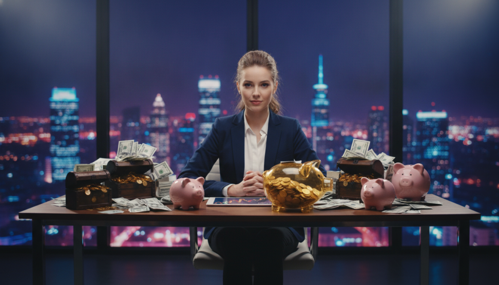 A vibrant and inspiring scene depicting a confident young Caucasian woman in professional business attire, sitting at a sleek modern desk surrounded by symbols of abundance, like stacks of money, gold coins, and overflowing piggy banks. In the background, a city skyline glimmers under a night sky illuminated by neon colors, reflecting a dreamcore aesthetic. Soft, focused lighting accentuates her determined expression and the wealth surrounding her, conveying a sense of positivity and prosperity. The angle captures both the desk and the panoramic view of the city, creating an uplifting atmosphere that embodies a mindset of money and career abundance. The overall mood is aspirational and empowering, inviting viewers to visualize their own success and prosperity.