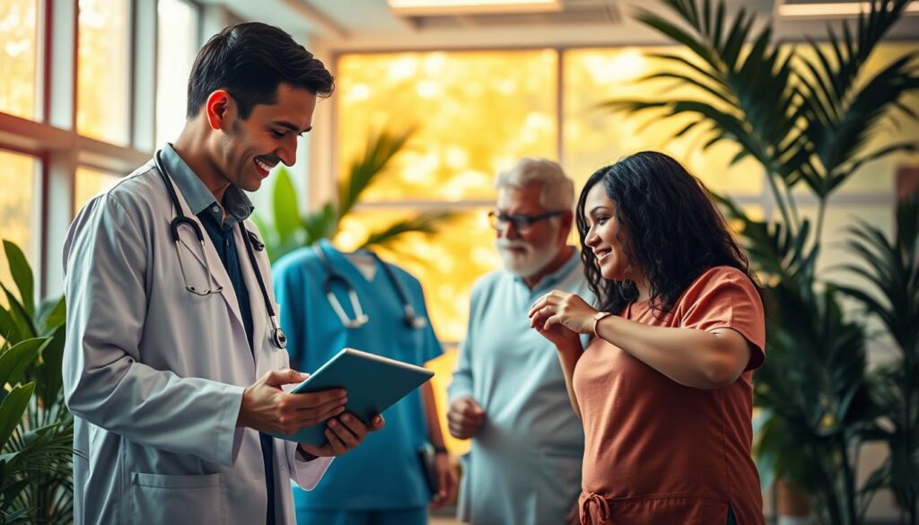A vibrant and inspiring scene depicting a diverse group of healthcare professionals collaborating in a modern setting. In the foreground, a confident female doctor in professional attire discusses treatment options with a male nurse, both engaged with a digital tablet. In the middle ground, a supportive physiotherapist assists a patient with mobility exercises, portraying a sense of teamwork. The background features bright, airy hospital space filled with warm natural light filtering through glass windows, alongside lush green plants for a calming atmosphere. Neon accents subtly enhance the modern feel, evoking a sense of hope and innovation in health. The overall mood should convey positivity, encouragement, and collaboration, reflecting a community dedicated to achieving lasting health together. A vibrant and inspiring scene depicting a diverse group of healthcare professionals collaborating in a modern setting. In the foreground, a confident female doctor in professional attire discusses treatment options with a male nurse, both engaged with a digital tablet. In the middle ground, a supportive physiotherapist assists a patient with mobility exercises, portraying a sense of teamwork. The background features bright, airy hospital space filled with warm natural light filtering through glass windows, alongside lush green plants for a calming atmosphere. Neon accents subtly enhance the modern feel, evoking a sense of hope and innovation in health. The overall mood should convey positivity, encouragement, and collaboration, reflecting a community dedicated to achieving lasting health together.