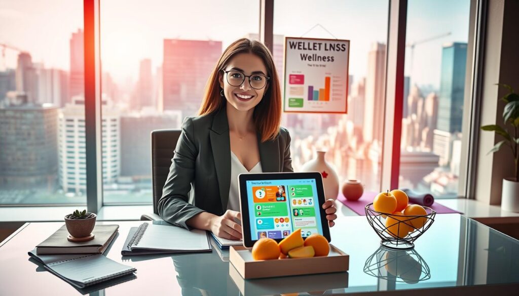 A vibrant and inspiring scene depicting a personal wellness plan tailored for a busy life. In the foreground, a stylish young professional in smart casual attire, sitting at a sleek desk, surrounded by a planner, a digital tablet displaying a colorful health tracking app, and a fresh fruit bowl. In the middle, various motivational elements like a vision board with wellness goals, yoga mats, and workout gear, symbolizing balance between work and health. The background features a large window with a view of a bustling cityscape, bathed in natural light, creating an uplifting atmosphere. The color palette should embrace neon hues, contributing to a dreamlike quality while maintaining an elegant, high-end magazine advertisement feel. The mood is optimistic and empowering, encouraging viewers to envision their path to health. A vibrant and inspiring scene depicting a personal wellness plan tailored for a busy life. In the foreground, a stylish young professional in smart casual attire, sitting at a sleek desk, surrounded by a planner, a digital tablet displaying a colorful health tracking app, and a fresh fruit bowl. In the middle, various motivational elements like a vision board with wellness goals, yoga mats, and workout gear, symbolizing balance between work and health. The background features a large window with a view of a bustling cityscape, bathed in natural light, creating an uplifting atmosphere. The color palette should embrace neon hues, contributing to a dreamlike quality while maintaining an elegant, high-end magazine advertisement feel. The mood is optimistic and empowering, encouraging viewers to envision their path to health.