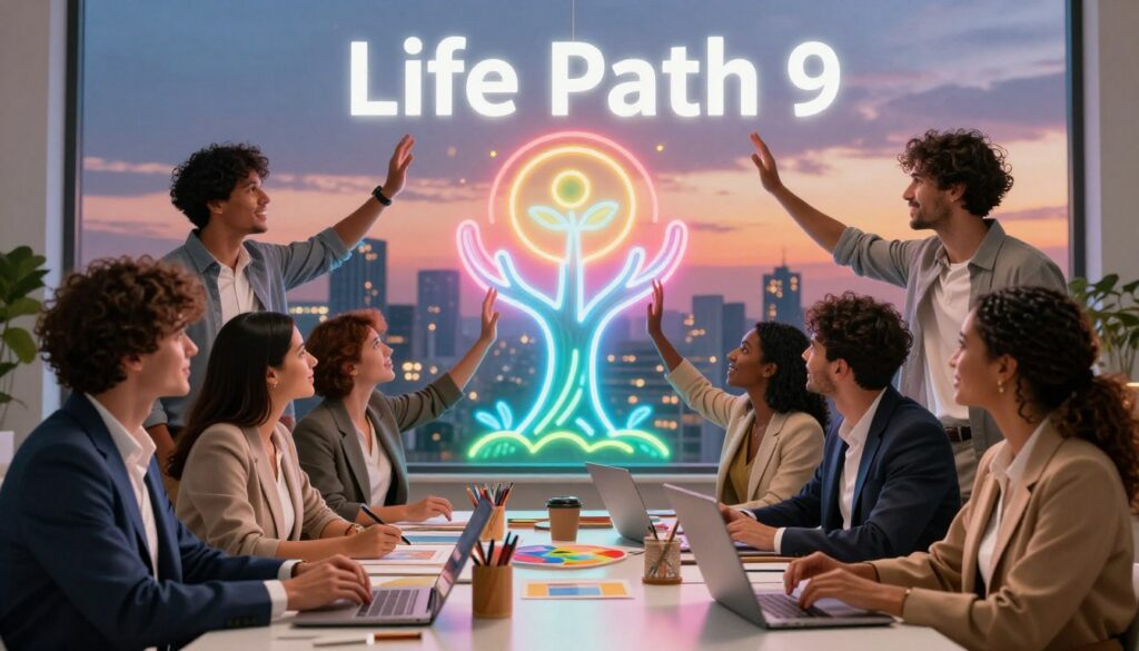 A vibrant and inspiring scene showcasing the strengths of Life Path 9 individuals helping others. In the foreground, a diverse group of professionals in smart business attire, including both men and women, collaborate around a table laden with art supplies and technology, embodying compassion and wisdom. The middle ground features a glowing neon-colored mural symbolizing hope and rebirth, with their hands raised as if they are channeling positive energy toward the mural. In the background, a gently illuminated cityscape with a twilight sky, radiating warmth and possibilities. Soft, ethereal lighting enhances the mood of creativity and support. The overall atmosphere is uplifting and encouraging, designed to resonate with adults in a modern, high-end magazine advertisement style. A vibrant and inspiring scene showcasing the strengths of Life Path 9 individuals helping others. In the foreground, a diverse group of professionals in smart business attire, including both men and women, collaborate around a table laden with art supplies and technology, embodying compassion and wisdom. The middle ground features a glowing neon-colored mural symbolizing hope and rebirth, with their hands raised as if they are channeling positive energy toward the mural. In the background, a gently illuminated cityscape with a twilight sky, radiating warmth and possibilities. Soft, ethereal lighting enhances the mood of creativity and support. The overall atmosphere is uplifting and encouraging, designed to resonate with adults in a modern, high-end magazine advertisement style.
