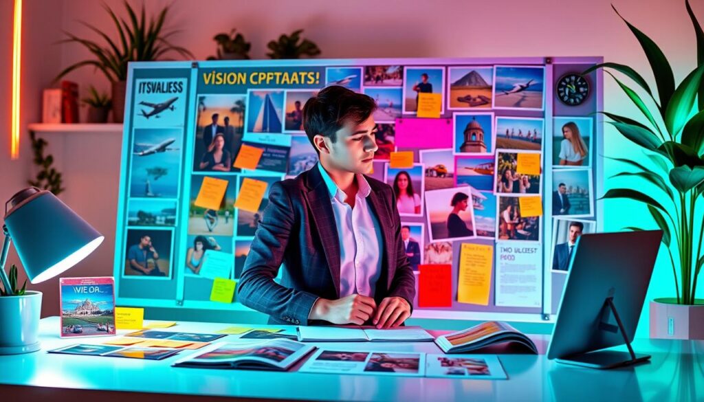 A vibrant and inspiring vision board setup illuminated with neon colors, showcasing a harmonious blend of images representing goals such as travel, career success, and personal growth. In the foreground, neatly arranged vision board elements, including colorful post-its, magazine cutouts, and photographs displayed on a sleek minimalist desk. The middle ground features a focused adult Gen Z individual dressed in professional casual attire, actively pinning new aspirations to the board, exuding determination and excitement. The background is softly blurred but hints at a cozy workspace with plants and soft ambient lighting, creating a warm and inviting atmosphere. The composition captures a sense of motivation and clarity, encouraging viewers to visualize their dreams vividly.