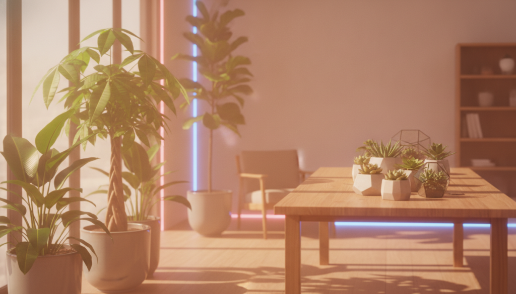 A vibrant and lush indoor space filled with an array of healthy green plants, symbolizing wealth and abundance. In the foreground, large leafy potted plants, such as a money tree and fiddle leaf fig, showcase their rich foliage. In the middle, a wooden table adorned with succulent arrangements highlights the wood element, with soft sunlight filtering through large windows, casting a warm glow. The background features a stylish, minimalistic decor with natural light, complementing the greenery. The atmosphere is serene and invigorating, embodying a sense of prosperity and vitality, enhanced by neon color accents reflecting a dreamy aesthetic. The image should have a soft-focus effect, evoking tranquility while emphasizing the richness of nature in a modern setting. A vibrant and lush indoor space filled with an array of healthy green plants, symbolizing wealth and abundance. In the foreground, large leafy potted plants, such as a money tree and fiddle leaf fig, showcase their rich foliage. In the middle, a wooden table adorned with succulent arrangements highlights the wood element, with soft sunlight filtering through large windows, casting a warm glow. The background features a stylish, minimalistic decor with natural light, complementing the greenery. The atmosphere is serene and invigorating, embodying a sense of prosperity and vitality, enhanced by neon color accents reflecting a dreamy aesthetic. The image should have a soft-focus effect, evoking tranquility while emphasizing the richness of nature in a modern setting.