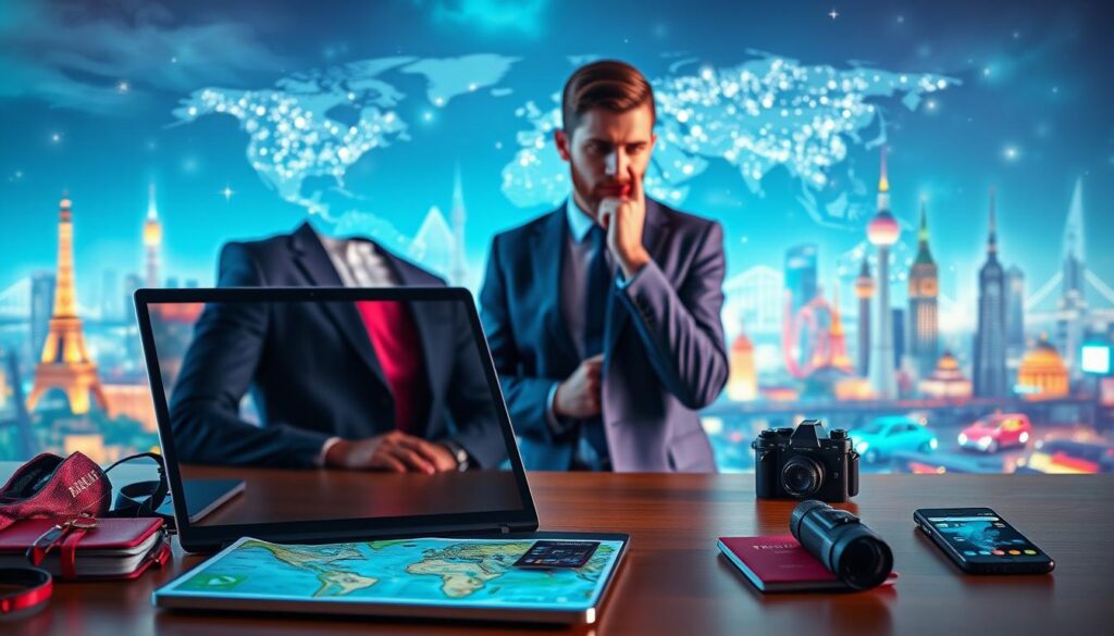 A vibrant and modern workspace set against a dreamy landscape representing travel and technology planning. In the foreground, a sleek laptop displays travel itineraries and digital maps, surrounded by colorful travel accessories like a passport, a camera, and a smartphone with travel apps. The middle ground features a stylish, young adult dressed in professional attire, engaged in thoughtful planning, with neon highlights illuminating their focused expression. The background showcases an ethereal blend of landmarks from around the world merging into a digital cityscape, glowing softly. Use dynamic lighting to create an inspiring atmosphere, capturing a blend of excitement and organization that resonates with the energy of Gen Z. The overall mood should evoke a sense of adventure and efficient planning.