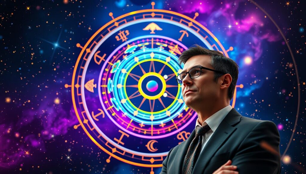 A vibrant and mystical birth chart layout featuring intricate astrological symbols and angles, centered on a cosmic background filled with swirling galaxies and shimmering stars. In the foreground, a glowing wheel outlines the twelve zodiac signs, each represented in vivid neon colors, radiating energy and depth. The middle layer showcases elegantly drawn lines connecting planets and angles, highlighting their significance. Ambient backlighting creates a dreamlike atmosphere, with ethereal wisps and soft glows enhancing the mystical feel. A professional adult figure, dressed in stylish yet modest business attire, gazes thoughtfully at the chart, symbolizing contemplation and discovery. The composition reflects a high-end magazine advertisement's sophistication, capturing the wonder and intrigue of astrology, invoking curiosity and inspiration.