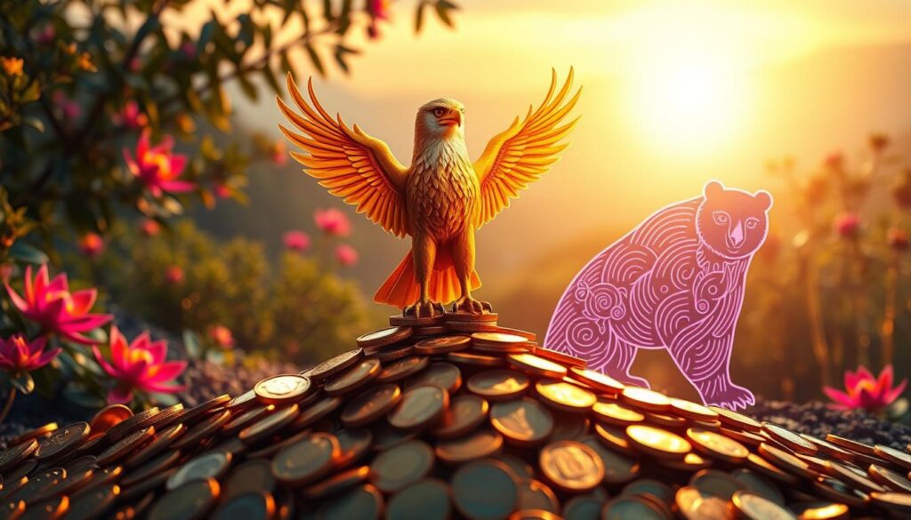 A vibrant and mystical depiction of spirit animal symbols representing wealth and protection. In the foreground, a majestic golden eagle, symbolizing freedom and visions, stands confidently atop a mound of shimmering coins. Around it, intricate dreamcore designs of a wise owl, representing wisdom and financial intelligence, and a powerful bear, denoting strength and stability, are intertwined. The middle ground features enchanting foliage with luminous neon colors, lending a modern, surreal quality to the scene. In the background, a soft-focus sunset bathes the landscape in warm golden hues, enhancing the mood of prosperity and safety. Use dramatic lighting to highlight the animals and the coins, creating a sense of allure and aspiration. Employ a close-up angle to capture the intricate details and textures, inviting viewers into this captivating world. A vibrant and mystical depiction of spirit animal symbols representing wealth and protection. In the foreground, a majestic golden eagle, symbolizing freedom and visions, stands confidently atop a mound of shimmering coins. Around it, intricate dreamcore designs of a wise owl, representing wisdom and financial intelligence, and a powerful bear, denoting strength and stability, are intertwined. The middle ground features enchanting foliage with luminous neon colors, lending a modern, surreal quality to the scene. In the background, a soft-focus sunset bathes the landscape in warm golden hues, enhancing the mood of prosperity and safety. Use dramatic lighting to highlight the animals and the coins, creating a sense of allure and aspiration. Employ a close-up angle to capture the intricate details and textures, inviting viewers into this captivating world.