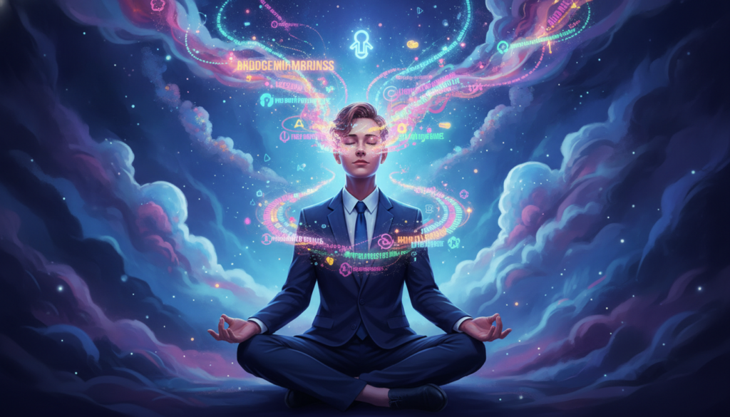 A vibrant and surreal illustration of the concept of subliminal messages impacting the subconscious mind. In the foreground, a figure dressed in professional business attire sits cross-legged in a meditative pose, with their eyes gently closed. Streams of colorful neon words and symbols swirl around them, subtly integrating into their mind, suggesting the infusion of positive affirmations. The middle ground features abstract representations of thoughts and dreams, with dreamlike shapes and patterns flowing, hinting at the connection between conscious and subconscious. In the background, a gradient of deep blue and purple tones creates a calming atmosphere, illuminated by soft, diffused lighting that enhances the ethereal feel. The overall mood is introspective and inspiring, evoking a sense of tranquility and potential for transformation. A vibrant and surreal illustration of the concept of subliminal messages impacting the subconscious mind. In the foreground, a figure dressed in professional business attire sits cross-legged in a meditative pose, with their eyes gently closed. Streams of colorful neon words and symbols swirl around them, subtly integrating into their mind, suggesting the infusion of positive affirmations. The middle ground features abstract representations of thoughts and dreams, with dreamlike shapes and patterns flowing, hinting at the connection between conscious and subconscious. In the background, a gradient of deep blue and purple tones creates a calming atmosphere, illuminated by soft, diffused lighting that enhances the ethereal feel. The overall mood is introspective and inspiring, evoking a sense of tranquility and potential for transformation.