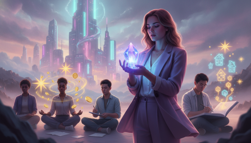 A vibrant and surreal scene depicting multiple individuals in a dreamy, neon-colored landscape, each engaged in the act of manifesting their dreams. In the foreground, a young Caucasian woman in smart casual attire holds a glowing crystal, her face illuminated by its ethereal light, symbolizing personal clarity and intention. In the middle ground, diverse figures of various backgrounds are seen meditating and journaling, surrounded by floating symbols of abundance like coins and stars, representing their aspirations. The background features a futuristic city skyline bathed in soft neon hues, blending dreamcore aesthetics with an aspirational vibe. The overall atmosphere is inspiring and hopeful, with soft, diffused lighting casting a magical glow throughout the scene, capturing the essence of transformation and the powerful energy of attraction.
