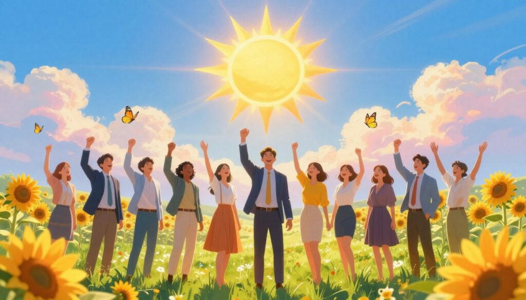A vibrant and uplifting scene embodying the Upright Sun Tarot meaning, featuring a radiant sun with a warm golden glow shining brightly in a clear blue sky. In the foreground, a diverse group of individuals, dressed in professional business attire or modest casual clothing, joyfully celebrating success and positivity. The middle ground showcases a lush, green landscape with blooming sunflowers and butterflies fluttering around, symbolizing growth and happiness. The background fades into a dreamy atmosphere filled with soft clouds and hints of pastel colors, creating a serene yet dynamic vibe. Use high contrast neon colors to accentuate the elements, focusing on bright lighting to evoke a sense of joy and optimism. Capture a wide-angle perspective to enhance the grandeur of the scene, immersing the viewer in this celebration of life and achievement. A vibrant and uplifting scene embodying the Upright Sun Tarot meaning, featuring a radiant sun with a warm golden glow shining brightly in a clear blue sky. In the foreground, a diverse group of individuals, dressed in professional business attire or modest casual clothing, joyfully celebrating success and positivity. The middle ground showcases a lush, green landscape with blooming sunflowers and butterflies fluttering around, symbolizing growth and happiness. The background fades into a dreamy atmosphere filled with soft clouds and hints of pastel colors, creating a serene yet dynamic vibe. Use high contrast neon colors to accentuate the elements, focusing on bright lighting to evoke a sense of joy and optimism. Capture a wide-angle perspective to enhance the grandeur of the scene, immersing the viewer in this celebration of life and achievement.