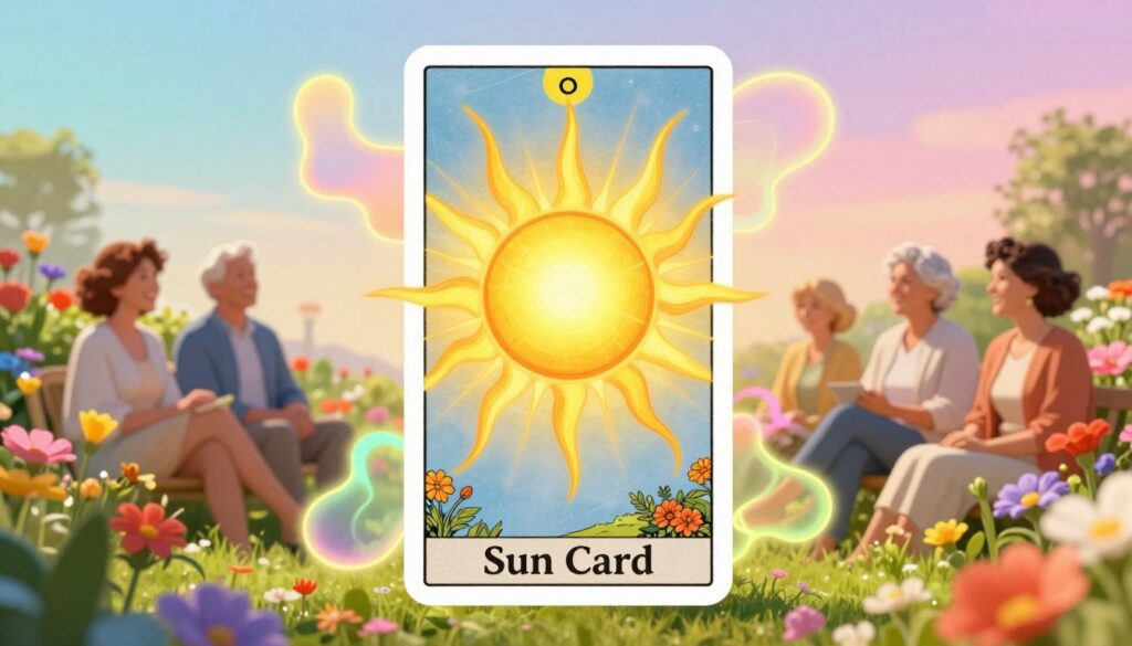 A vibrant and uplifting scene symbolizes the "Sun Card" tarot, showcasing the essence of positive energy and success. In the foreground, a radiant sun shines brightly, with its warm, golden rays spreading joy and warmth. Surrounding the sun, ethereal, abstract shapes in neon colors create a dreamlike quality, suggesting tranquility and abundance. In the middle ground, a lush garden filled with colorful flowers comes alive, symbolizing growth and happiness, while a few smiling, well-dressed Caucasian adults of diverse ages, casually enjoying the warmth, embody the card's energy. The background features a soft-focus gradient of pastel colors that evoke a sense of endless possibilities. The composition is softly lit with a dreamy atmosphere, evoking positivity and inspiration. A vibrant and uplifting scene symbolizes the "Sun Card" tarot, showcasing the essence of positive energy and success. In the foreground, a radiant sun shines brightly, with its warm, golden rays spreading joy and warmth. Surrounding the sun, ethereal, abstract shapes in neon colors create a dreamlike quality, suggesting tranquility and abundance. In the middle ground, a lush garden filled with colorful flowers comes alive, symbolizing growth and happiness, while a few smiling, well-dressed Caucasian adults of diverse ages, casually enjoying the warmth, embody the card's energy. The background features a soft-focus gradient of pastel colors that evoke a sense of endless possibilities. The composition is softly lit with a dreamy atmosphere, evoking positivity and inspiration.