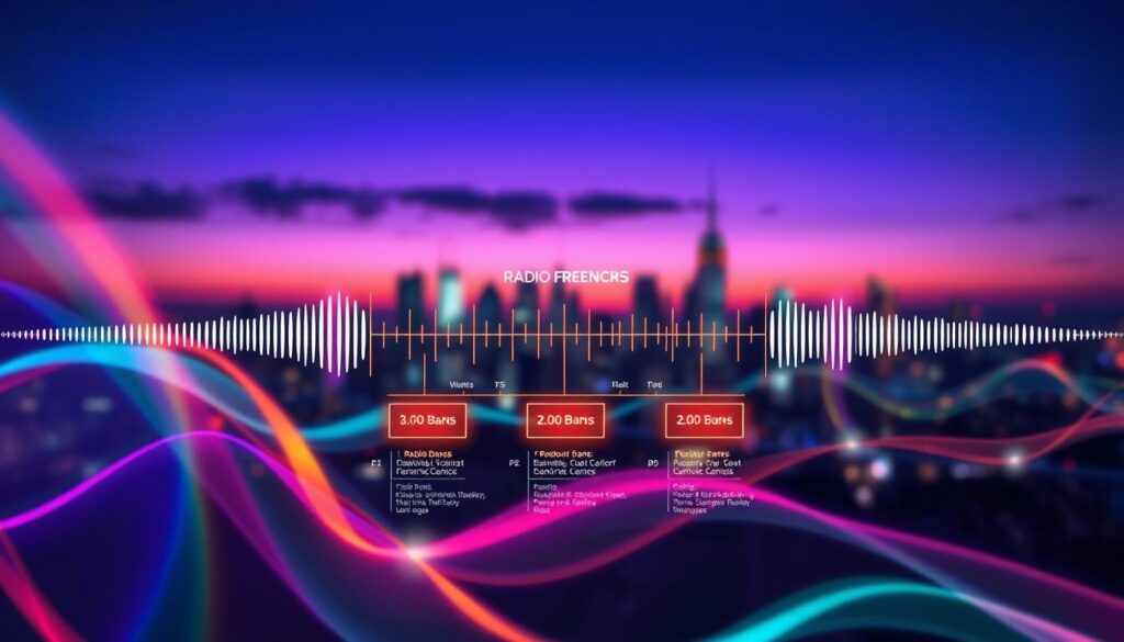 A vibrant and visually striking image depicting the concept of "radio band definition" in a dreamcore aesthetic. In the foreground, visualize abstract representations of various radio waves and frequencies, illustrated with neon colors blending smoothly into one another. The middle ground features a stylized diagram showcasing the different radio bands, articulated with sharp lines and glowing labels, emphasizing their unique characteristics. In the background, create a blurred city skyline under a twilight sky, with a soft gradient transitioning from deep blue to purple, enhancing the futuristic mood. Use soft, dynamic lighting to highlight the frequencies and give a sense of motion. The overall atmosphere should be energetic and intriguing, appealing to an adult Gen Z audience, while reflecting professionalism and creativity. A vibrant and visually striking image depicting the concept of "radio band definition" in a dreamcore aesthetic. In the foreground, visualize abstract representations of various radio waves and frequencies, illustrated with neon colors blending smoothly into one another. The middle ground features a stylized diagram showcasing the different radio bands, articulated with sharp lines and glowing labels, emphasizing their unique characteristics. In the background, create a blurred city skyline under a twilight sky, with a soft gradient transitioning from deep blue to purple, enhancing the futuristic mood. Use soft, dynamic lighting to highlight the frequencies and give a sense of motion. The overall atmosphere should be energetic and intriguing, appealing to an adult Gen Z audience, while reflecting professionalism and creativity.