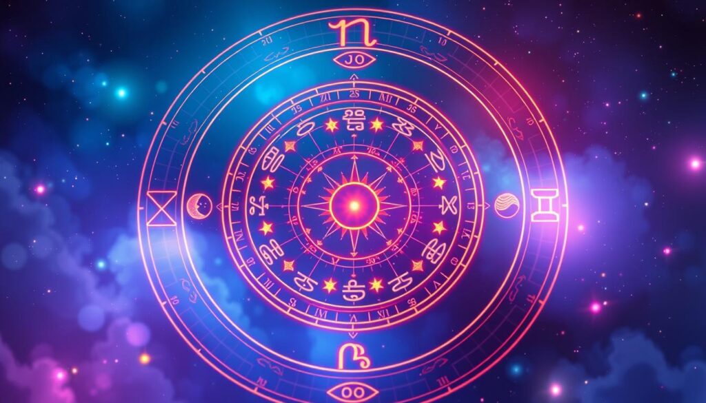 A vibrant astrological birth chart showcasing the Sun, Moon, and Rising signs, elegantly illustrated in neon colors. The foreground features intricate symbols of the zodiac signs radiating a mystical glow. In the middle, the circular birth chart is artistically layered with celestial motifs, including stars and planets, each carefully placed to highlight their significance. The background transitions into a dreamy cosmos, blending deep blues and purples, evoking a sense of wonder and exploration. Soft, ethereal lighting bathes the scene, creating depth and highlighting the essential details. The overall mood is one of intrigue and enlightenment, capturing the essence of personal discovery through astrology, tailored for a high-end magazine aesthetic appealing to adult Gen Z audiences.