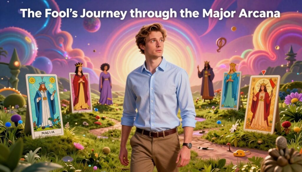 A vibrant depiction of "The Fool's Journey through the Major Arcana," featuring a young Caucasian man in professional casual attire, standing confidently at the forefront. His expression embodies curiosity and determination as he gazes ahead. In the middle ground, a whimsical landscape filled with symbols of the Major Arcana: the Magician, the High Priestess, and others, each represented with distinct, colorful designs. The background showcases a dreamlike realm with swirling neon colors and abstract shapes that evoke a sense of adventure and exploration. The atmosphere is uplifting and inspiring, with soft glowing lights illuminating the scene, creating a contrast between shadows and brilliance. The image is portrayed from a slightly elevated angle, enhancing the sense of journey and movement.