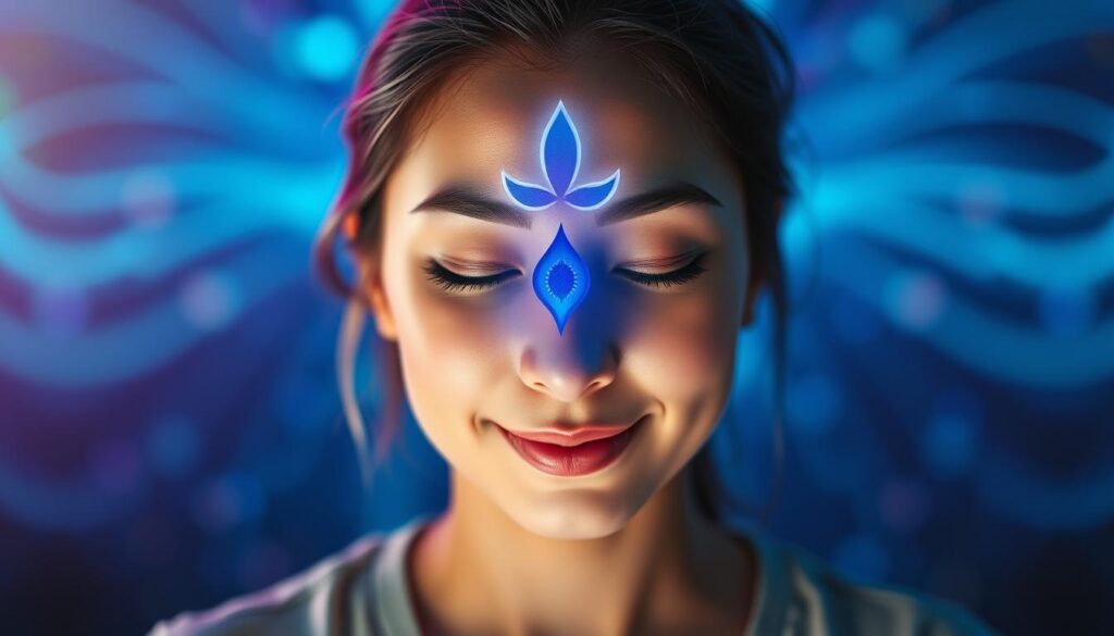 A vibrant depiction of the third eye chakra location, focusing on the forehead area between the eyebrows, illuminated with soft, ethereal lighting. The foreground features a close-up of a serene face in a meditative pose, wearing modest casual attire, with closed eyes and a gentle smile. The middle ground showcases the third eye chakra symbol, a deep indigo lotus with intricate details, radiating a soft glow. The background features dreamlike swirling patterns in neon colors, blending blues and purples, creating a mystical ambiance. The atmosphere is calming and transcendent, accentuated by subtle bokeh effects to enhance depth. Use a shallow depth of field to focus on the chakra while blurring the vibrant background, capturing the essence of chakra awakening and spiritual growth. A vibrant depiction of the third eye chakra location, focusing on the forehead area between the eyebrows, illuminated with soft, ethereal lighting. The foreground features a close-up of a serene face in a meditative pose, wearing modest casual attire, with closed eyes and a gentle smile. The middle ground showcases the third eye chakra symbol, a deep indigo lotus with intricate details, radiating a soft glow. The background features dreamlike swirling patterns in neon colors, blending blues and purples, creating a mystical ambiance. The atmosphere is calming and transcendent, accentuated by subtle bokeh effects to enhance depth. Use a shallow depth of field to focus on the chakra while blurring the vibrant background, capturing the essence of chakra awakening and spiritual growth.
