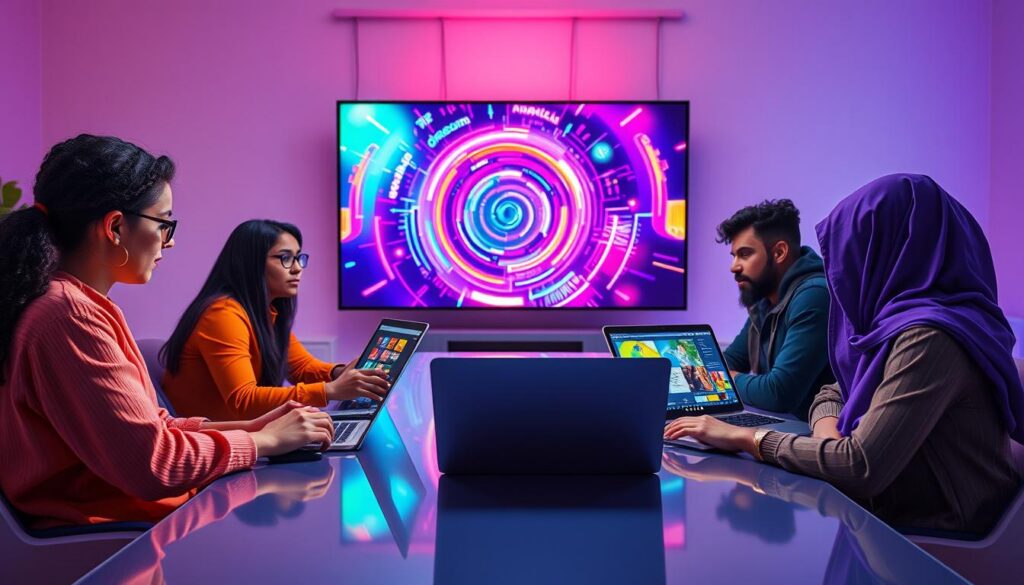 A vibrant, dream-like scene illustrating the concept of creating a mind movie for free. In the foreground, a diverse group of young adults in stylish, modest attire sits around a sleek table, intently discussing and brainstorming ideas. Their laptops are open, showcasing colorful imagery and graphics. The middle ground features a large screen displaying a swirling montage of vivid neon visuals that represent dreams and ambitions, capturing the essence of manifestation. The background is softly illuminated with pastel-colored lighting, creating a tranquil, yet inspiring atmosphere. The overall mood is energetic and focused, enhanced by the use of high-contrast lighting that brings out the colors. The perspective is slightly angled, as if observing the creative process unfolding. A vibrant, dream-like scene illustrating the concept of creating a mind movie for free. In the foreground, a diverse group of young adults in stylish, modest attire sits around a sleek table, intently discussing and brainstorming ideas. Their laptops are open, showcasing colorful imagery and graphics. The middle ground features a large screen displaying a swirling montage of vivid neon visuals that represent dreams and ambitions, capturing the essence of manifestation. The background is softly illuminated with pastel-colored lighting, creating a tranquil, yet inspiring atmosphere. The overall mood is energetic and focused, enhanced by the use of high-contrast lighting that brings out the colors. The perspective is slightly angled, as if observing the creative process unfolding.
