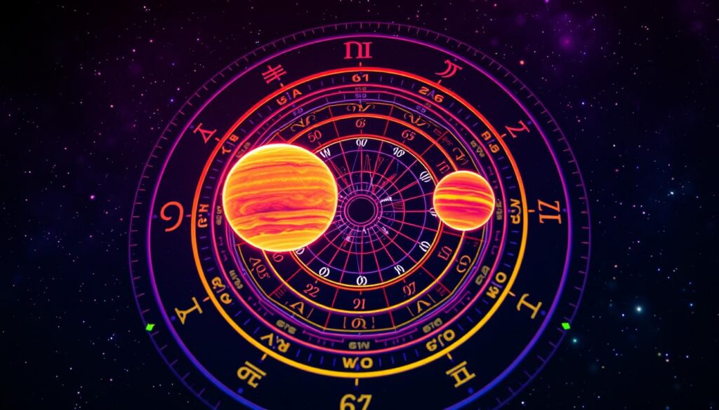 A vibrant, dreamcore-inspired birth chart displaying planetary movements in an intricate design. In the foreground, a detailed astrological wheel with astrological symbols and colorful lines representing the paths of the planets. The middle ground features neon-colored planets, glowing softly against a dark, cosmic background filled with subtle star fields. Add a kaleidoscope effect around the wheel to create a sense of dynamic motion. The lighting should have a soft glow, emphasizing the neon colors and giving a mystical atmosphere. Perspective from a slightly elevated angle, capturing the complexity of the chart and the energetic feel of astrological transits. The overall mood is intriguing and captivating, inviting beginners to explore the nuances of astrology. A vibrant, dreamcore-inspired birth chart displaying planetary movements in an intricate design. In the foreground, a detailed astrological wheel with astrological symbols and colorful lines representing the paths of the planets. The middle ground features neon-colored planets, glowing softly against a dark, cosmic background filled with subtle star fields. Add a kaleidoscope effect around the wheel to create a sense of dynamic motion. The lighting should have a soft glow, emphasizing the neon colors and giving a mystical atmosphere. Perspective from a slightly elevated angle, capturing the complexity of the chart and the energetic feel of astrological transits. The overall mood is intriguing and captivating, inviting beginners to explore the nuances of astrology.