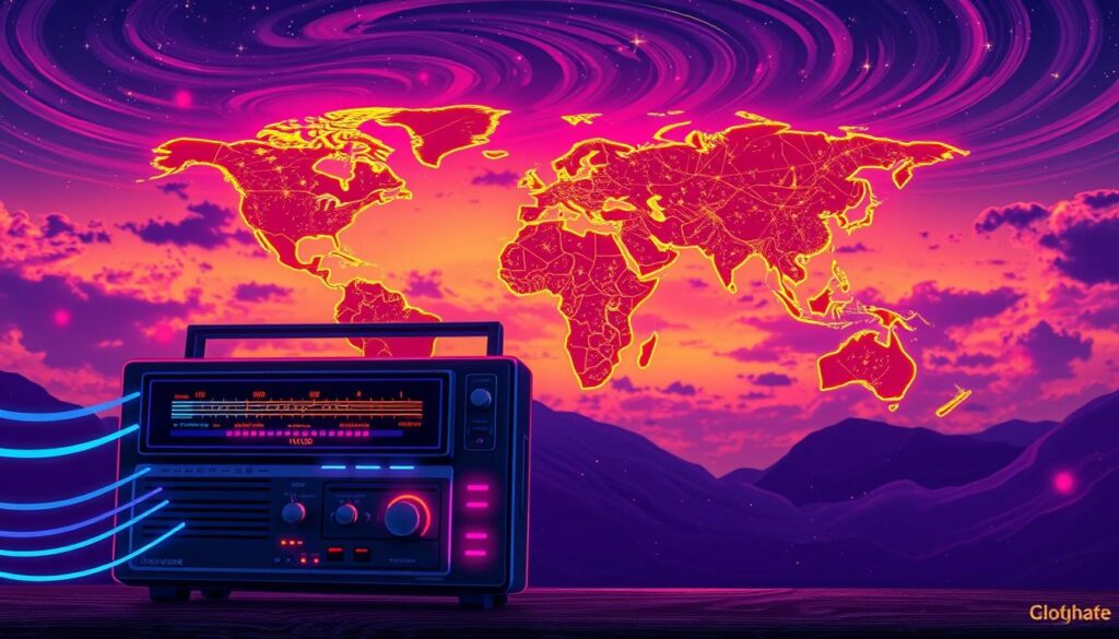 A vibrant, dreamcore-inspired illustration showcasing shortwave radio propagation. In the foreground, a vintage radio receiver with glowing neon controls emits colorful waves, symbolizing radio signals radiating outward. The middle ground features a global map highlighted with bright, pulsing lines representing connections across continents, infused with a surreal atmosphere. In the background, a twilight sky filled with swirling clouds and twinkling stars creates a sense of vastness, emphasizing the theme of distance and connectivity. The lighting is dramatic, with highlights on the radio and map, evoking a sense of wonder and exploration. The composition should have a dynamic angle, capturing the energy of high-frequency radio waves traveling long distances, appealing to a modern, tech-savvy audience. A vibrant, dreamcore-inspired illustration showcasing shortwave radio propagation. In the foreground, a vintage radio receiver with glowing neon controls emits colorful waves, symbolizing radio signals radiating outward. The middle ground features a global map highlighted with bright, pulsing lines representing connections across continents, infused with a surreal atmosphere. In the background, a twilight sky filled with swirling clouds and twinkling stars creates a sense of vastness, emphasizing the theme of distance and connectivity. The lighting is dramatic, with highlights on the radio and map, evoking a sense of wonder and exploration. The composition should have a dynamic angle, capturing the energy of high-frequency radio waves traveling long distances, appealing to a modern, tech-savvy audience.