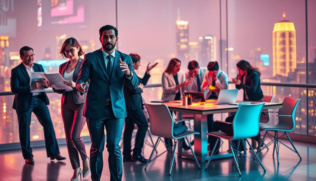 A vibrant, dreamcore-inspired scene depicting a diverse group of adults in professional business attire, actively engaging in various dynamic action steps that represent the Law of Action. In the foreground, a woman confidently steps forward, holding a checklist with emphasis on goal-setting. Beside her, a man gestures with enthusiasm, illustrating the power of collaboration. In the middle ground, multiple individuals brainstorm around a modern table, surrounded by neon-colored post-it notes and digital devices, symbolizing ideation and execution. The background features a luminous city skyline, enhancing the atmosphere of ambition and innovation. Soft, diffused neon lighting bathes the scene, creating an energetic yet focused mood, captured from a slightly low angle to amplify the sense of upward movement and possibility.