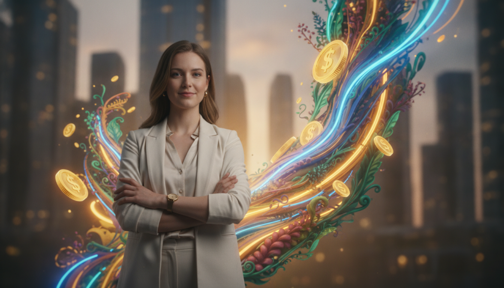 A vibrant, dreamcore-inspired scene depicting an abstract interpretation of "personal money story and abundance beliefs." In the foreground, a confident, young adult woman of Caucasian descent, dressed in smart casual business attire, stands with arms crossed, exuding a positive aura. Her expression is one of determination and optimism. The middle layer features swirling neon colors representing thoughts of wealth, growth, and aspirations—gold coins and lush greenery intertwine with dreamlike patterns. The background displays a modern city skyline glowing under twilight, symbolizing opportunity and abundance, with gentle light radiating from behind the buildings. Use soft, diffused lighting to create a hopeful and introspective atmosphere, with a slightly blurred effect to enhance the dreamlike quality, capturing the essence of manifesting prosperity. A vibrant, dreamcore-inspired scene depicting an abstract interpretation of "personal money story and abundance beliefs." In the foreground, a confident, young adult woman of Caucasian descent, dressed in smart casual business attire, stands with arms crossed, exuding a positive aura. Her expression is one of determination and optimism. The middle layer features swirling neon colors representing thoughts of wealth, growth, and aspirations—gold coins and lush greenery intertwine with dreamlike patterns. The background displays a modern city skyline glowing under twilight, symbolizing opportunity and abundance, with gentle light radiating from behind the buildings. Use soft, diffused lighting to create a hopeful and introspective atmosphere, with a slightly blurred effect to enhance the dreamlike quality, capturing the essence of manifesting prosperity.