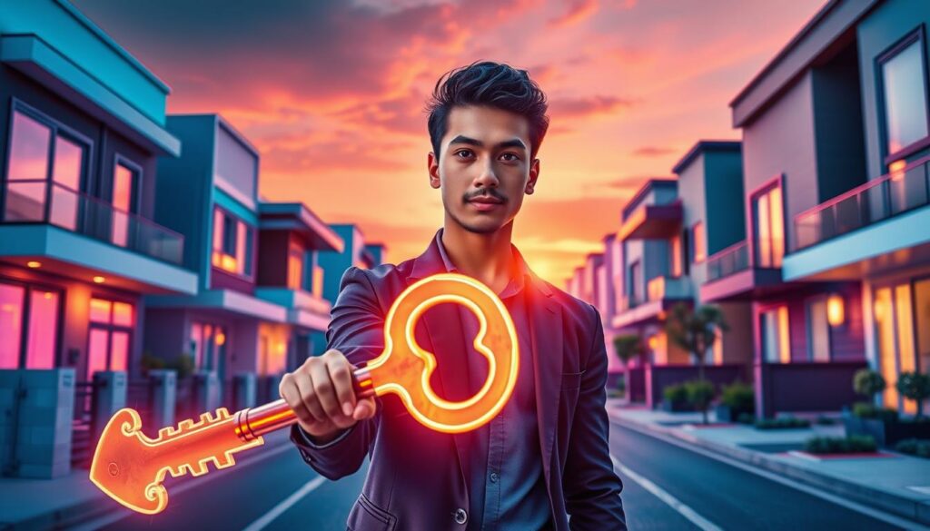 A vibrant dreamcore-inspired scene depicting an urban street lined with modern, stylish houses, symbolizing the journey of manifesting a better home. In the foreground, a confident young adult in smart casual attire is holding a large, glowing key, embodying the belief in new beginnings. The middle ground features various house designs with colorful neon accents, displaying diverse architectural styles that blend seamlessly. The background shows a bright sunset, casting warm light and creating a hopeful atmosphere. The scene is illuminated with rich hues of blue and pink, evoking a sense of positivity and possibility. Use a wide-angle lens to capture the expansive feel, ensuring the image radiates inspiration and ambition, perfect for motivating readers. A vibrant dreamcore-inspired scene depicting an urban street lined with modern, stylish houses, symbolizing the journey of manifesting a better home. In the foreground, a confident young adult in smart casual attire is holding a large, glowing key, embodying the belief in new beginnings. The middle ground features various house designs with colorful neon accents, displaying diverse architectural styles that blend seamlessly. The background shows a bright sunset, casting warm light and creating a hopeful atmosphere. The scene is illuminated with rich hues of blue and pink, evoking a sense of positivity and possibility. Use a wide-angle lens to capture the expansive feel, ensuring the image radiates inspiration and ambition, perfect for motivating readers.
