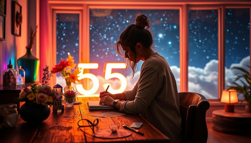 A vibrant dreamcore-inspired scene depicting the 555 manifestation method. In the foreground, a person in modest casual attire sits at a rustic wooden desk, jotting down intentions in an elegant notebook, surrounded by glowing crystals and fresh flowers. The middle ground features a softly illuminated space with colorful neon accents, including a glowing 555 sign and ethereal clouds swirling around, symbolizing manifestation and dreams. The background shows a serene view of a starry night sky through a large window, casting a peaceful ambiance, with soft lighting bathing the room in a warm glow. The overall mood is focused, hopeful, and magical, inviting viewers to explore the concept of manifestation and personal growth. The composition should feel dynamic yet comforting, captured with a slightly blurred depth of field to emphasize the subject's concentration. A vibrant dreamcore-inspired scene depicting the 555 manifestation method. In the foreground, a person in modest casual attire sits at a rustic wooden desk, jotting down intentions in an elegant notebook, surrounded by glowing crystals and fresh flowers. The middle ground features a softly illuminated space with colorful neon accents, including a glowing 555 sign and ethereal clouds swirling around, symbolizing manifestation and dreams. The background shows a serene view of a starry night sky through a large window, casting a peaceful ambiance, with soft lighting bathing the room in a warm glow. The overall mood is focused, hopeful, and magical, inviting viewers to explore the concept of manifestation and personal growth. The composition should feel dynamic yet comforting, captured with a slightly blurred depth of field to emphasize the subject's concentration.