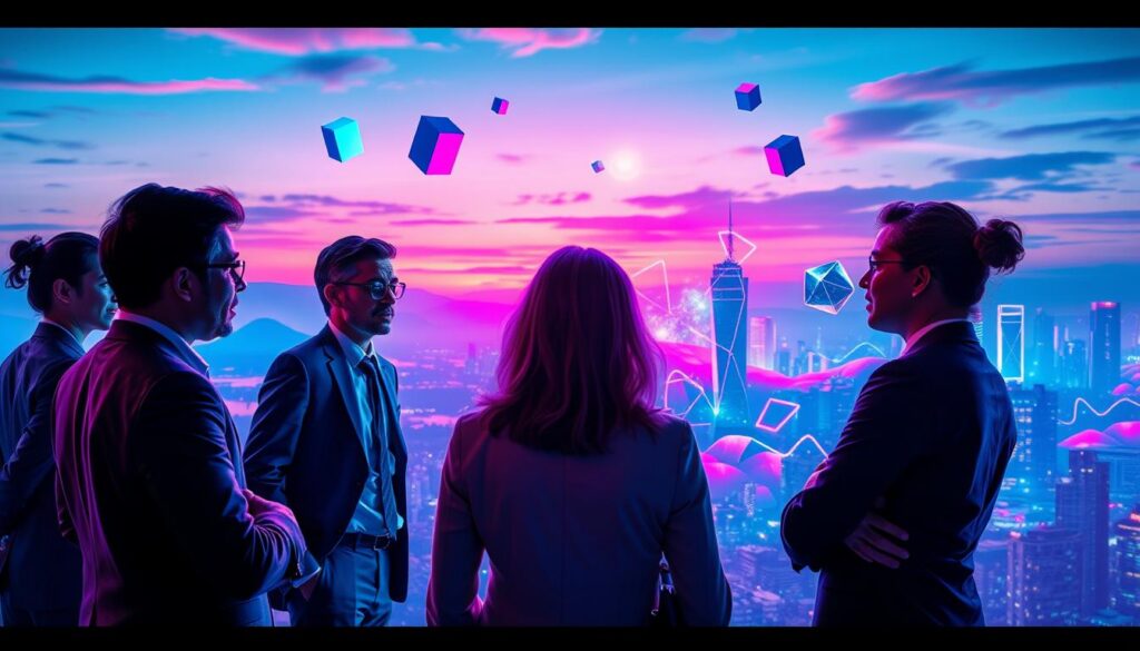 A vibrant, dreamcore-inspired scene depicting the concept of "everyday transurfing." In the foreground, a diverse group of adults in professional business attire engage in a dynamic discussion, their body language expressing confidence and focus. In the middle ground, a surreal landscape with floating geometric shapes and colorful energy waves symbolizes the decision-making process and alternate life paths. The background features a futuristic city skyline under a dusk sky, illuminated by neon hues of blue and pink, casting a ethereal glow across the scene. The lighting is soft yet captivating, creating a sense of hope and possibility. The overall atmosphere conveys empowerment and the pursuit of a richer life experience through the lens of transurfing principles.