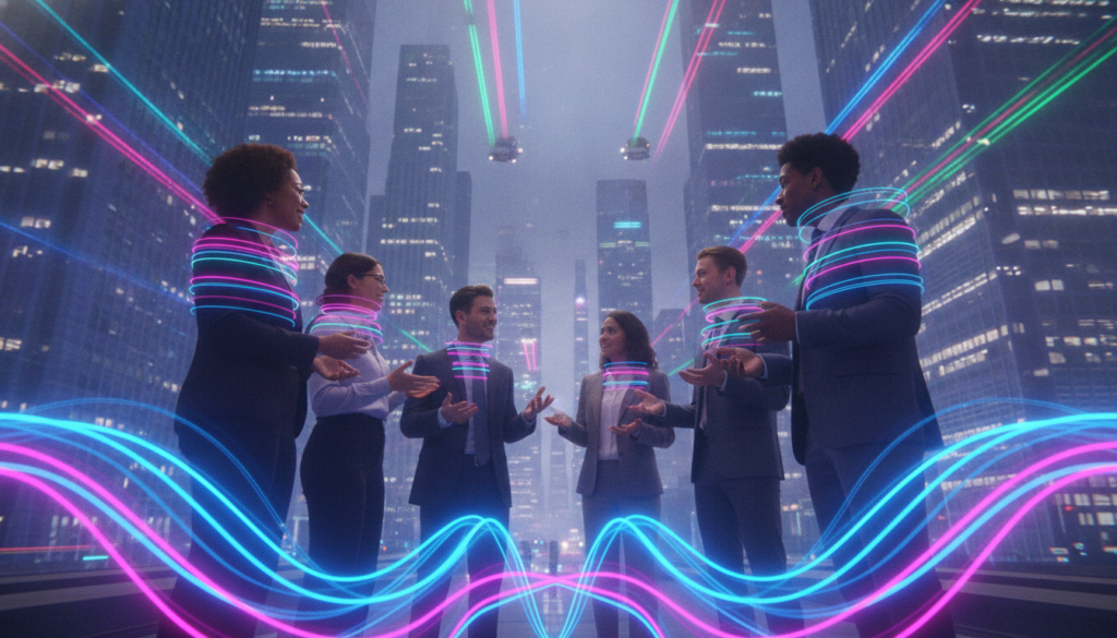 A vibrant, dreamcore-inspired scene depicting the concept of frequency and vibration in everyday life. In the foreground, an abstract representation of sound waves ripple outward, depicted in pulsating neon colors like electric blues and radiant pinks. In the middle ground, a diverse group of young adults, dressed in professional business attire, stand engaged in energetic conversation, their movements creating visible vibration patterns in the air around them. The background showcases a surreal urban landscape, infused with glowing skyscrapers and colorful light trails, suggesting the dynamic energy of a bustling city. Soft, ambient lighting illuminates the scene, creating a sense of harmony and positivity, with a focus on uplifting vibrational energy. The perspective is slightly low-angle, enhancing the grandeur of the cityscape and the vibrancy of the image. A vibrant, dreamcore-inspired scene depicting the concept of frequency and vibration in everyday life. In the foreground, an abstract representation of sound waves ripple outward, depicted in pulsating neon colors like electric blues and radiant pinks. In the middle ground, a diverse group of young adults, dressed in professional business attire, stand engaged in energetic conversation, their movements creating visible vibration patterns in the air around them. The background showcases a surreal urban landscape, infused with glowing skyscrapers and colorful light trails, suggesting the dynamic energy of a bustling city. Soft, ambient lighting illuminates the scene, creating a sense of harmony and positivity, with a focus on uplifting vibrational energy. The perspective is slightly low-angle, enhancing the grandeur of the cityscape and the vibrancy of the image.