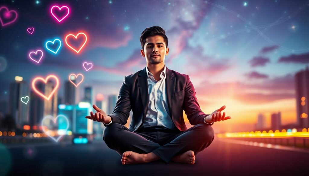 A vibrant, dreamcore-inspired scene illustrating the concept of manifestation and the law of attraction, featuring a confident young adult in professional attire, sitting cross-legged in a meditative pose. In the foreground, glowing neon elements like floating orbs and symbols of love and connection shimmer around them. The middle ground showcases a softly blurred urban landscape at night, with colorful city lights reflecting an ethereal ambiance. The background features an abstract cosmic sky filled with stars and galaxies, gently blending into the hues of a sunset, creating a harmonious atmosphere. The lighting is soft yet dynamic, with ethereal glows illuminating the subject. Capture a sense of hope and aspiration, emphasizing the transformative power of manifestation.