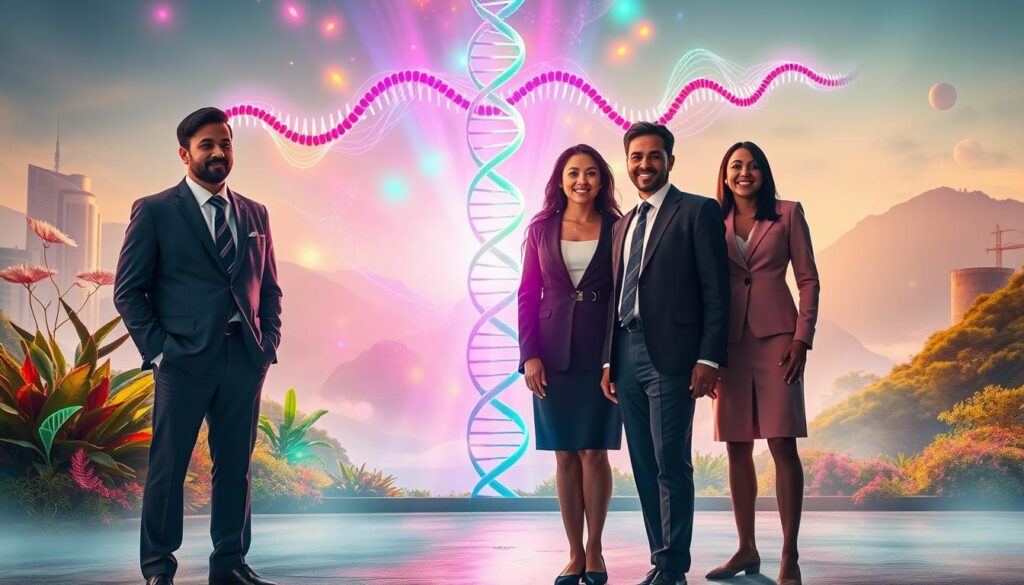 A vibrant, dreamcore-inspired scene illustrating the interplay between genetic expression and environment. In the foreground, a diverse group of four adults in professional attire stands united, their DNA strands visible, intertwining with colorful, glowing plants symbolizing environmental influence. The middle features an abstract representation of genetic sequences, radiating vivid neon colors, merging with flowing waves of energy that embody thought and emotion. The background showcases a surreal landscape, blending urban and natural elements, bathed in soft, ethereal light. The atmosphere feels hopeful and transformative, emphasizing the connection between belief, thoughts, and genetic expression. The image is captured with a slightly elevated angle to provide depth, as if the viewer is observing a pivotal moment of biological harmony and personal empowerment. A vibrant, dreamcore-inspired scene illustrating the interplay between genetic expression and environment. In the foreground, a diverse group of four adults in professional attire stands united, their DNA strands visible, intertwining with colorful, glowing plants symbolizing environmental influence. The middle features an abstract representation of genetic sequences, radiating vivid neon colors, merging with flowing waves of energy that embody thought and emotion. The background showcases a surreal landscape, blending urban and natural elements, bathed in soft, ethereal light. The atmosphere feels hopeful and transformative, emphasizing the connection between belief, thoughts, and genetic expression. The image is captured with a slightly elevated angle to provide depth, as if the viewer is observing a pivotal moment of biological harmony and personal empowerment.