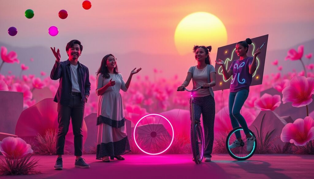 A vibrant, dreamcore-inspired scene illustrating unusual ways to shift a stuck mood. In the foreground, a diverse group of young adults, dressed in stylish, modest casual clothing, engage in quirky activities: one is juggling colorful, floating orbs, another is playfully balancing on a unicycle, and a third is painting a mural with luminous neon paints. The middle ground features abstract shapes and playful designs that evoke a sense of movement and energy. In the background, a surreal landscape of oversized flowers and vibrant colors creates an uplifting atmosphere, bathed in soft, ethereal lighting as if illuminated by a glowing sunset. The overall mood is whimsical and energetic, inviting viewers to explore unconventional ideas for raising vibrations. A vibrant, dreamcore-inspired scene illustrating unusual ways to shift a stuck mood. In the foreground, a diverse group of young adults, dressed in stylish, modest casual clothing, engage in quirky activities: one is juggling colorful, floating orbs, another is playfully balancing on a unicycle, and a third is painting a mural with luminous neon paints. The middle ground features abstract shapes and playful designs that evoke a sense of movement and energy. In the background, a surreal landscape of oversized flowers and vibrant colors creates an uplifting atmosphere, bathed in soft, ethereal lighting as if illuminated by a glowing sunset. The overall mood is whimsical and energetic, inviting viewers to explore unconventional ideas for raising vibrations.
