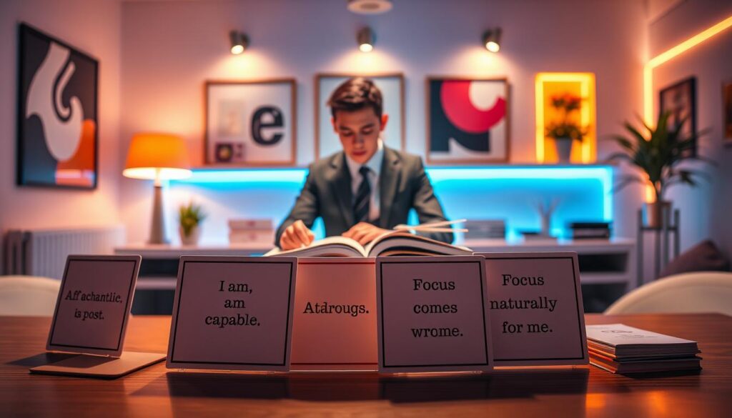 A vibrant, dreamcore-inspired scene portraying a serene study environment infused with neon colors. In the foreground, elegantly displayed affirmation cards are artistically arranged, each card featuring motivational phrases on academic success, like "I am capable" and "Focus comes naturally to me." The middle layer features a sophisticated young adult in professional business attire, confidently studying at a stylish desk, with a laptop and open books, embodying focus and confidence. The background showcases a softly lit, modern study room with abstract decor, glowing with soft neon accents. The atmosphere is one of inspiration and determination, with warm lighting creating an inviting yet dynamic feel, capturing the essence of manifesting good grades through positive affirmations. A vibrant, dreamcore-inspired scene portraying a serene study environment infused with neon colors. In the foreground, elegantly displayed affirmation cards are artistically arranged, each card featuring motivational phrases on academic success, like "I am capable" and "Focus comes naturally to me." The middle layer features a sophisticated young adult in professional business attire, confidently studying at a stylish desk, with a laptop and open books, embodying focus and confidence. The background showcases a softly lit, modern study room with abstract decor, glowing with soft neon accents. The atmosphere is one of inspiration and determination, with warm lighting creating an inviting yet dynamic feel, capturing the essence of manifesting good grades through positive affirmations.