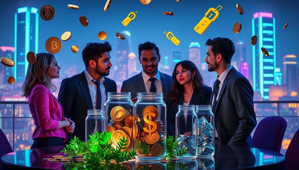 A vibrant, dreamcore-inspired scene reflecting a money mindset and abundance. In the foreground, a diverse group of young adults in professional business attire engaged in a thoughtful discussion, surrounded by floating, glowing symbols of wealth such as coins, dollar signs, and golden keys. The middle layer features a stylized table adorned with lush green plants and crystal-clear jars filled with various currencies, symbolizing financial abundance. The background showcases a surreal cityscape bathed in neon colors, illuminated by soft, ambient lighting that creates a feeling of optimism and opportunity. The camera angle is slightly low, which adds a sense of grandeur to the scene, enhancing the overall atmosphere of aspiration and positivity around money.