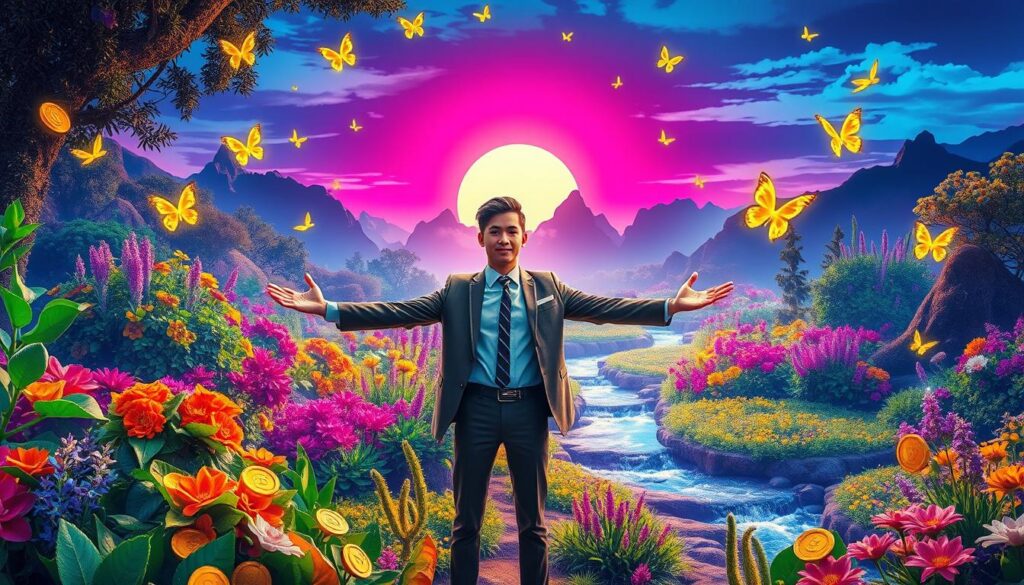 A vibrant dreamcore landscape embodies the concept of an "abundance mindset," featuring a lush, overflowing garden with diverse flora that thrives under a magical, glowing neon sky. In the foreground, a confident young adult dressed in stylish, professional attire stands with open arms, surrounded by shimmering golden coins and floating ethereal symbols of prosperity. In the middle ground, gentle streams flow with sparkling water, reflecting the bright colors around them, while luminous butterflies flit about, symbolizing transformation. The background showcases majestic mountains and a radiant sun rising, casting soft halos of light across the scene. The overall atmosphere is one of joy, hope, and endless possibilities, evoking a sense of peace and exuberance. Use high-contrast with dynamic lighting that enhances the colors and creates a harmonious composition, viewed from a slightly elevated angle.