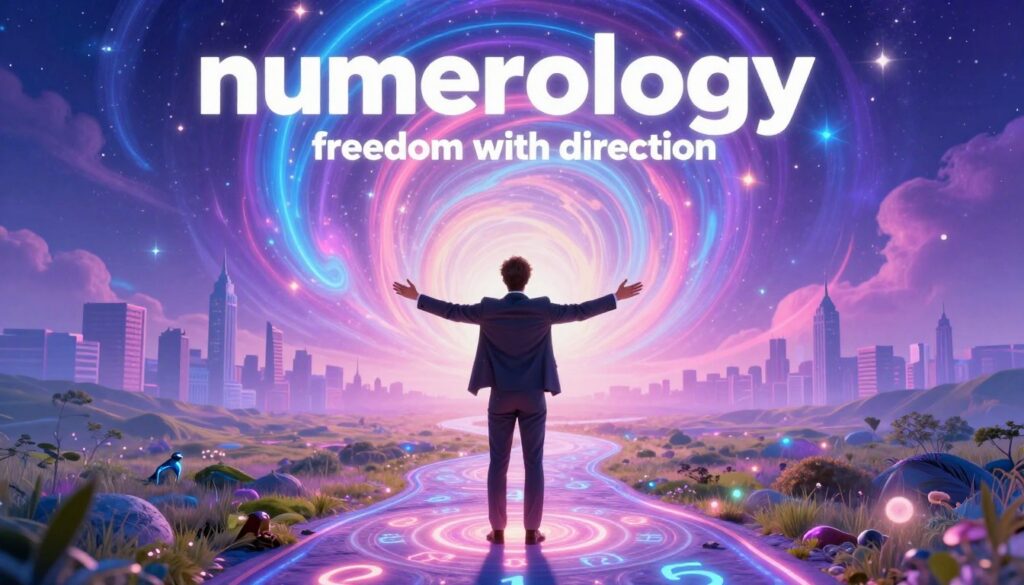 A vibrant dreamcore landscape embodying the essence of "numerology freedom with direction." In the foreground, an ethereal figure, a Caucasian adult in professional business attire, stands with arms outstretched towards a radiant cosmic sky filled with swirling neon colors of purple, blue, and pink. The middle ground features a winding path adorned with glowing numerological symbols, leading towards an inviting horizon. In the background, a stylized cityscape represents success and opportunity, bathed in soft, surreal lighting that enhances the mystical atmosphere. The composition captures a sense of liberation and purposeful direction, inviting the viewer to explore the connection between freedom and life's journey. A high-end magazine advertisement aesthetic with a dreamy, aspirational mood. A vibrant dreamcore landscape embodying the essence of "numerology freedom with direction." In the foreground, an ethereal figure, a Caucasian adult in professional business attire, stands with arms outstretched towards a radiant cosmic sky filled with swirling neon colors of purple, blue, and pink. The middle ground features a winding path adorned with glowing numerological symbols, leading towards an inviting horizon. In the background, a stylized cityscape represents success and opportunity, bathed in soft, surreal lighting that enhances the mystical atmosphere. The composition captures a sense of liberation and purposeful direction, inviting the viewer to explore the connection between freedom and life's journey. A high-end magazine advertisement aesthetic with a dreamy, aspirational mood.