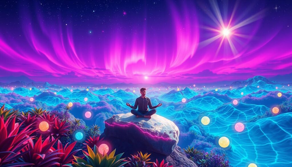 A vibrant dreamcore landscape representing "spiritual awakening catalysts." In the foreground, a serene figure in modest casual clothing sits cross-legged on a glowing, crystalline rock, meditating, surrounded by ethereal light orbs in neon colors. The middle ground features lush, swirling patterns of multicolored plants that seem to pulse with energy, symbolizing growth and transformation. In the background, a surreal sky transitions from deep indigo to bright violet, showcasing radiant bursts of light akin to auroras, creating a mystical atmosphere. Soft, radiant beams of light illuminate the scene, enhancing the overall sense of tranquility and enlightenment. Capture this image with a slightly elevated angle, emphasizing the expansive cosmic backdrop while focusing on the meditative figure, to evoke feelings of introspection and connection to the universe.