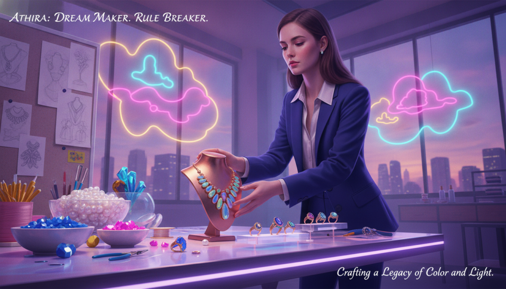 A vibrant, dreamcore-themed scene depicting Athira, a young Caucasian woman, confidently showcasing her unique jewelry designs. In the foreground, Athira is dressed in stylish, professional attire, carefully arranging elegant necklaces and rings on a display table. The middle ground features a creative workshop filled with colorful gemstones, design sketches, and tools, emphasizing her transition from corporate work to a flourishing jewelry career. The background captures a soft-focus, modern studio with neon lighting that casts an ethereal glow, symbolizing her bold leap into creative freedom. The atmosphere feels inspiring and entrepreneurial, highlighting her journey and passion in a high-end magazine advertisement style. The composition should utilize dynamic angles to convey movement and excitement, with an enchanting blend of colors to reflect the artistic nature of her designs.