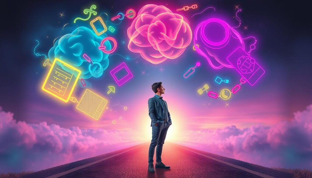 A vibrant, dreamlike depiction of a person standing at a crossroads, embodying the struggle of limiting beliefs, surrounded by swirling clouds of thought patterns in neon colors. In the foreground, a young adult in professional business attire gazes thoughtfully ahead, symbolizing determination and introspection. The middle layer showcases abstract shapes and symbols representing various limiting beliefs—shackles, walls, and chains—floating around, dissolving into wisps of light. In the background, a surreal landscape of possibilities stretches out, lit by a glowing horizon, suggesting hope and transformation. The mood is introspective yet vibrant, evoking a sense of awakening and potential. Soft, ethereal lighting enhances the dreamcore aesthetic, with a slightly blurred focus to create a whimsical atmosphere. A vibrant, dreamlike depiction of a person standing at a crossroads, embodying the struggle of limiting beliefs, surrounded by swirling clouds of thought patterns in neon colors. In the foreground, a young adult in professional business attire gazes thoughtfully ahead, symbolizing determination and introspection. The middle layer showcases abstract shapes and symbols representing various limiting beliefs—shackles, walls, and chains—floating around, dissolving into wisps of light. In the background, a surreal landscape of possibilities stretches out, lit by a glowing horizon, suggesting hope and transformation. The mood is introspective yet vibrant, evoking a sense of awakening and potential. Soft, ethereal lighting enhances the dreamcore aesthetic, with a slightly blurred focus to create a whimsical atmosphere.