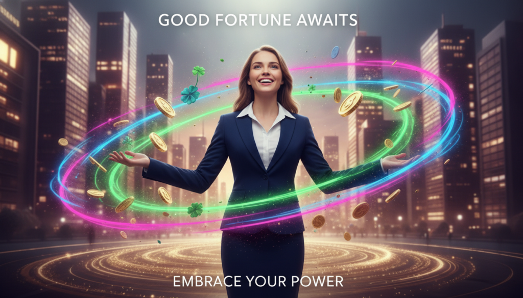 A vibrant, dreamlike scene illustrating a "good fortune mindset." In the foreground, a confident young Caucasian woman in professional attire stands with her arms open, radiating positivity and empowerment. Her expression is filled with excitement and hope. In the middle ground, a swirl of neon colors—emerald greens, bright pinks, and electric blues—forms a mesmerizing aura around her, symbolizing abundance and luck. The background features an abstract cityscape illuminated by soft, glowing lights, creating a surreal, high-end magazine advertisement vibe. The overall atmosphere is uplifting and inspiring, evoking a sense of limitless possibility. The lighting is soft yet dynamic, highlighting the subject and colors, evoking a dreamy and motivational feel.