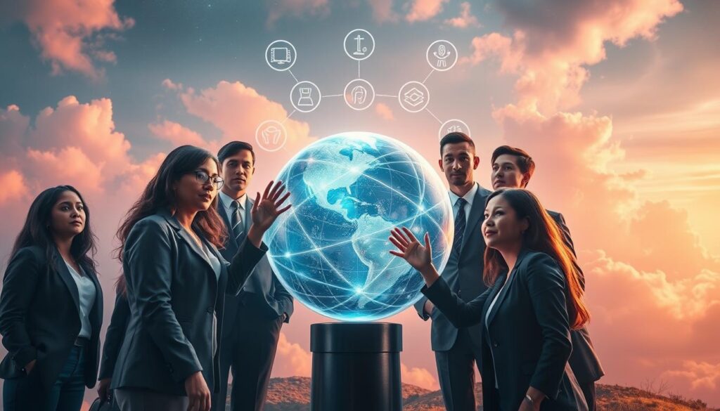 A vibrant, dreamlike scene illustrating the concept of "Universal Laws and Inspired Action". In the foreground, a diverse group of young adults in professional business attire is gathered around a radiant, holographic globe displaying interconnected lines representing the universal laws. Their expressions convey determination and focus as they reach out towards the globe. The middle ground features ethereal symbols of the twelve universal laws, like balance, attraction, and manifestation, glowing in neon colors against a surreal landscape. The background is filled with soft, swirling clouds of color, suggesting an otherworldly atmosphere, illuminated by soft, diffused lighting. Capture this moment with a slight upward angle, enhancing the sense of aspiration and connection to the universe, while ensuring a dreamcore aesthetic with a modern, high-end magazine advertisement feel. A vibrant, dreamlike scene illustrating the concept of "Universal Laws and Inspired Action". In the foreground, a diverse group of young adults in professional business attire is gathered around a radiant, holographic globe displaying interconnected lines representing the universal laws. Their expressions convey determination and focus as they reach out towards the globe. The middle ground features ethereal symbols of the twelve universal laws, like balance, attraction, and manifestation, glowing in neon colors against a surreal landscape. The background is filled with soft, swirling clouds of color, suggesting an otherworldly atmosphere, illuminated by soft, diffused lighting. Capture this moment with a slight upward angle, enhancing the sense of aspiration and connection to the universe, while ensuring a dreamcore aesthetic with a modern, high-end magazine advertisement feel.
